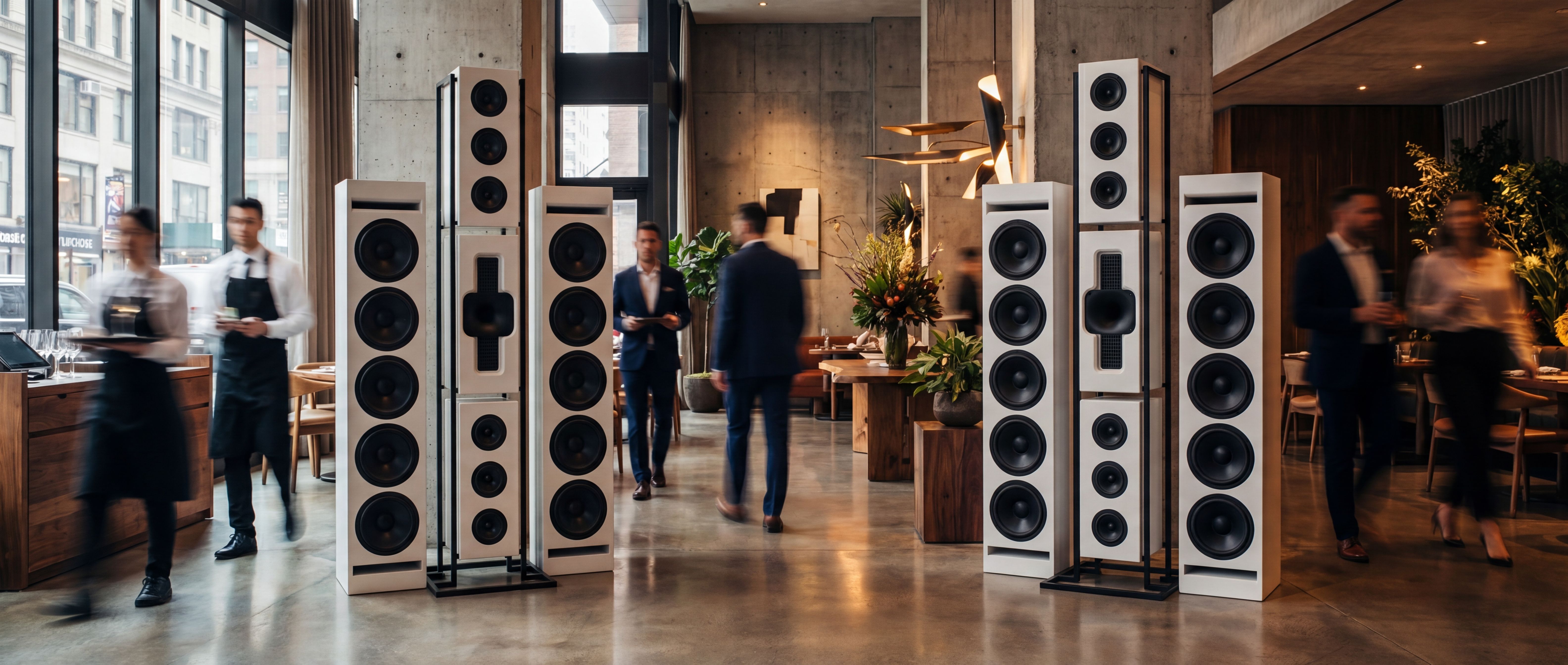 Atelier installation — Jellyfish multi-driver towers in a hospitality dining room
