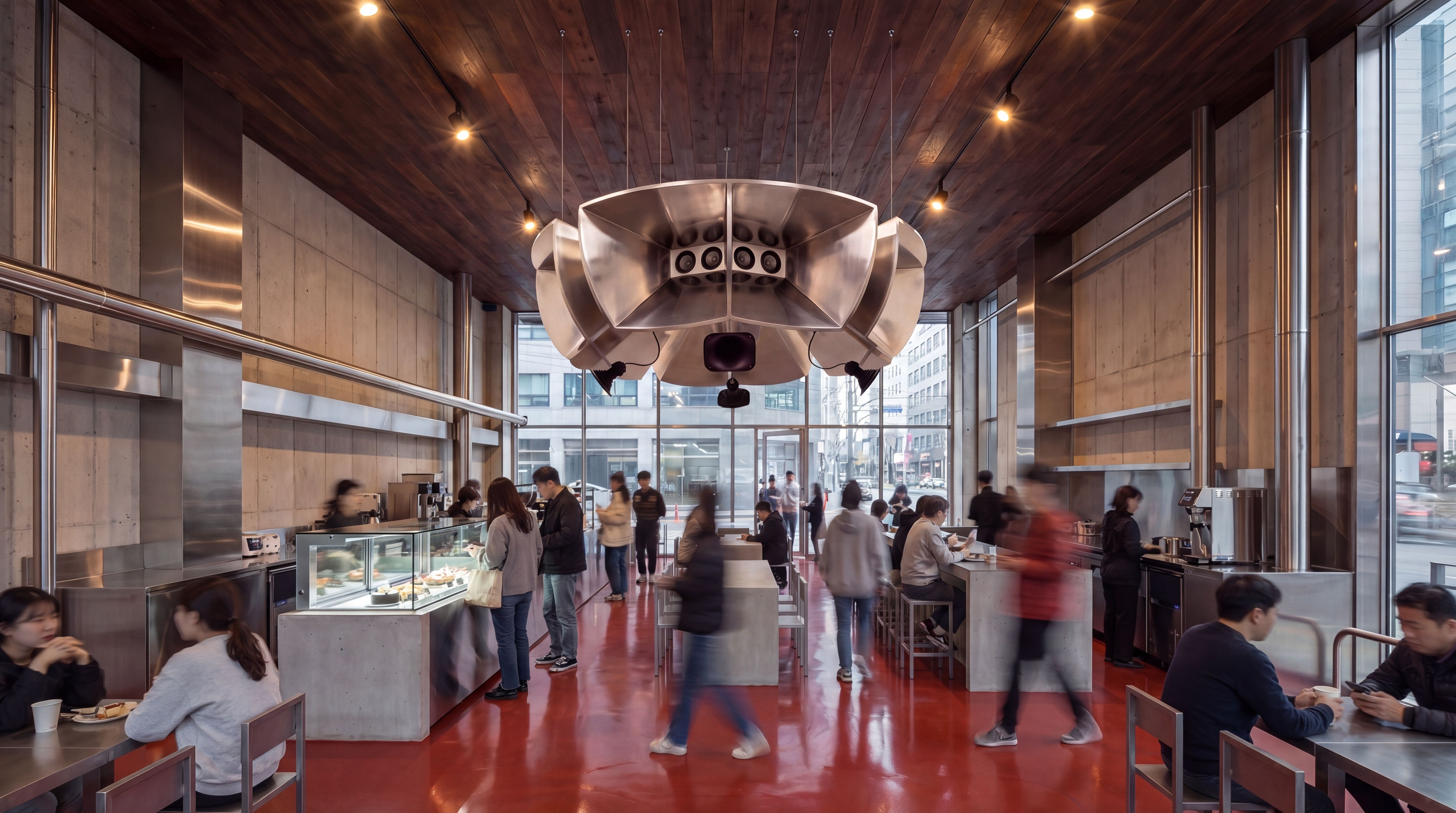 Atelier installation — a sculptural multi-driver Orbita system suspended above a public space, with a polished red floor below