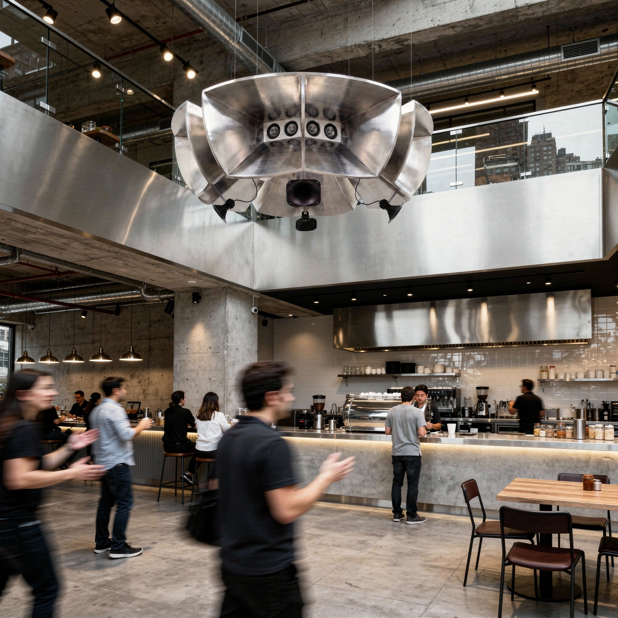Atelier Orbita suspended above the floor — closer view of the four-module construction